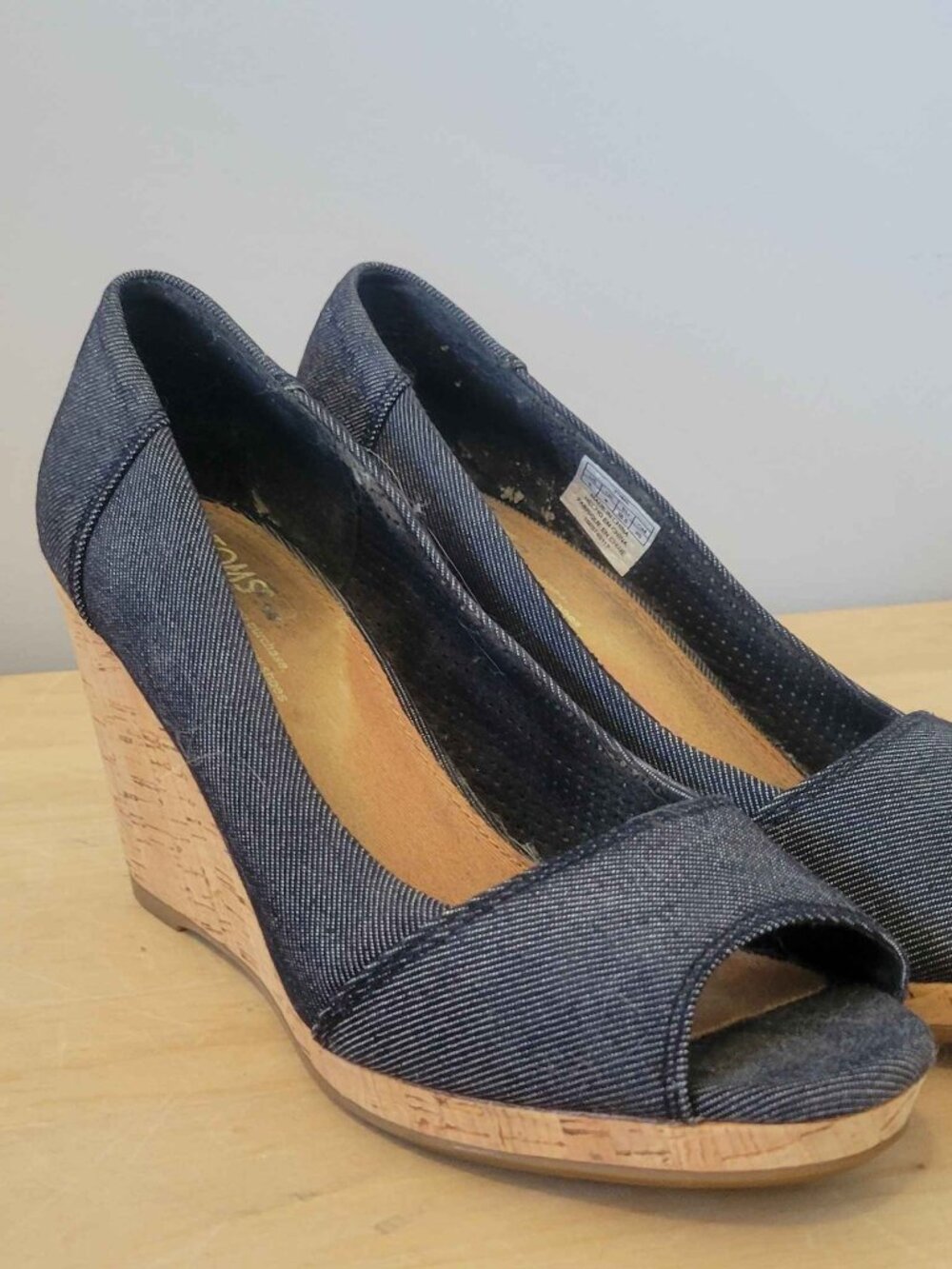 TOMS navy wedge heels peep toe size 8